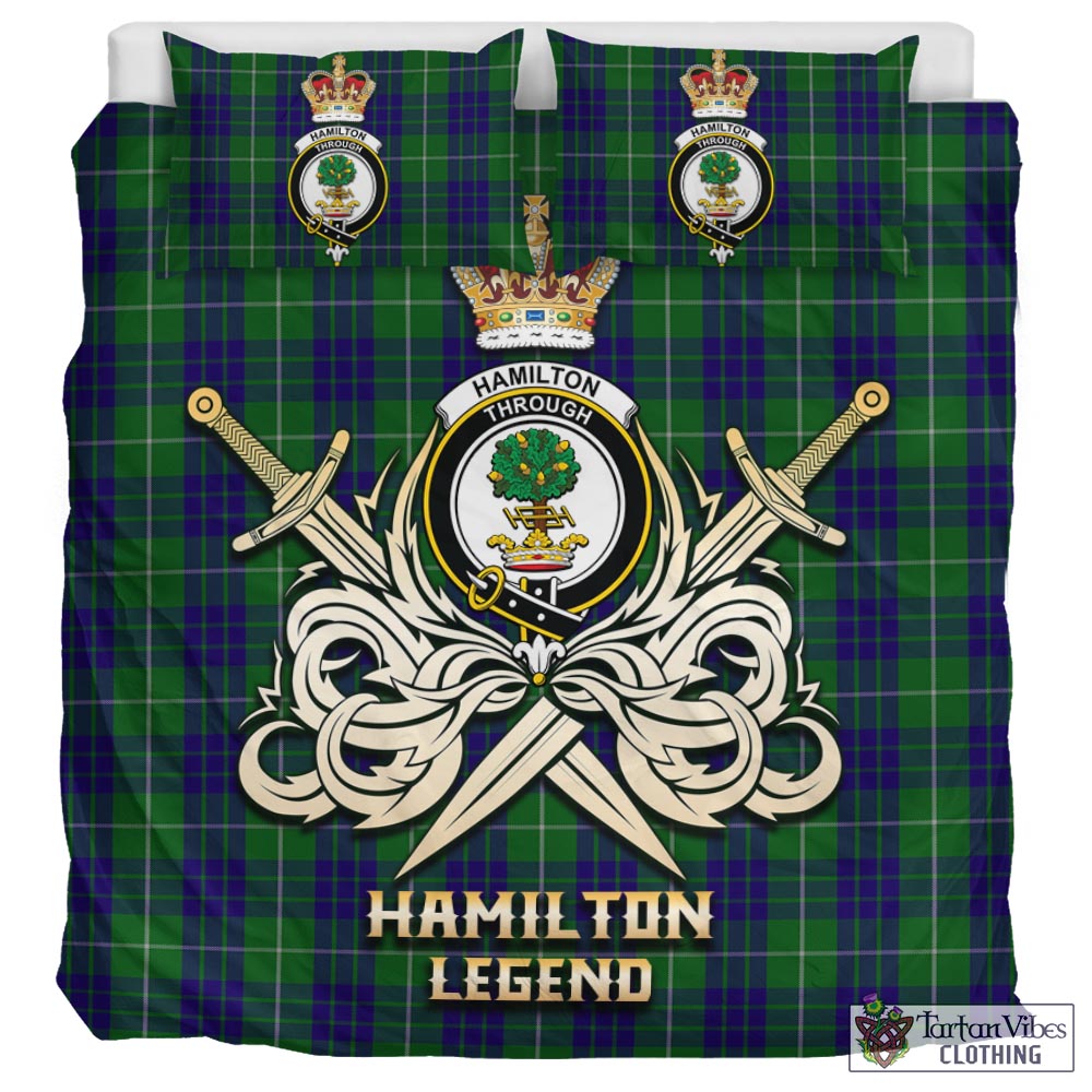 Tartan Vibes Clothing Hamilton Green Hunting Tartan Bedding Set with Clan Crest and the Golden Sword of Courageous Legacy