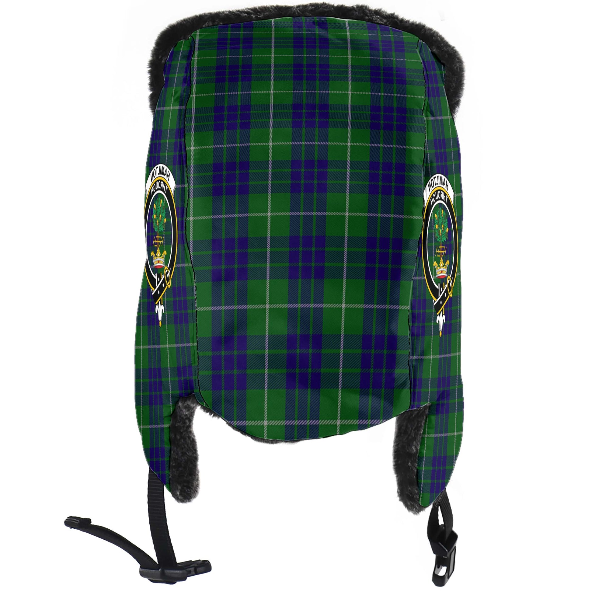 Hamilton Green Hunting Tartan Winter Trapper Hat with Family Crest - Tartanvibesclothing