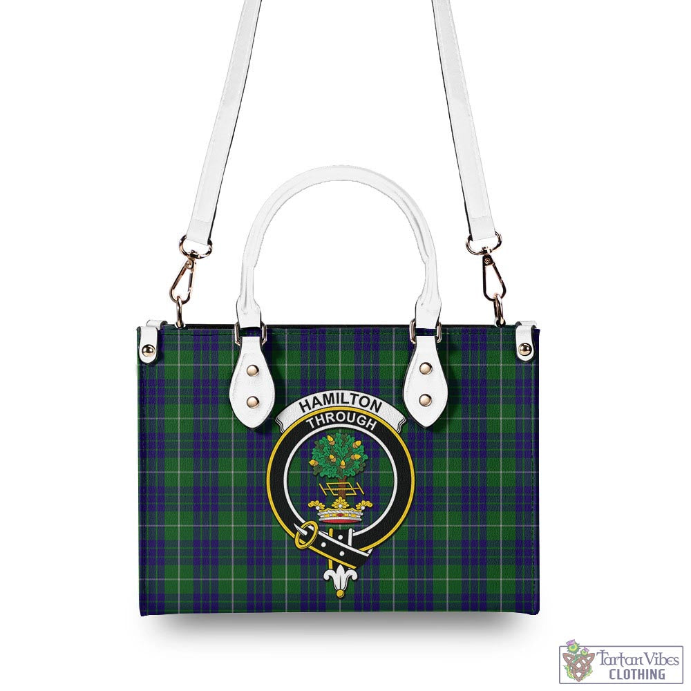 Tartan Vibes Clothing Hamilton Green Hunting Tartan Luxury Leather Handbags with Family Crest