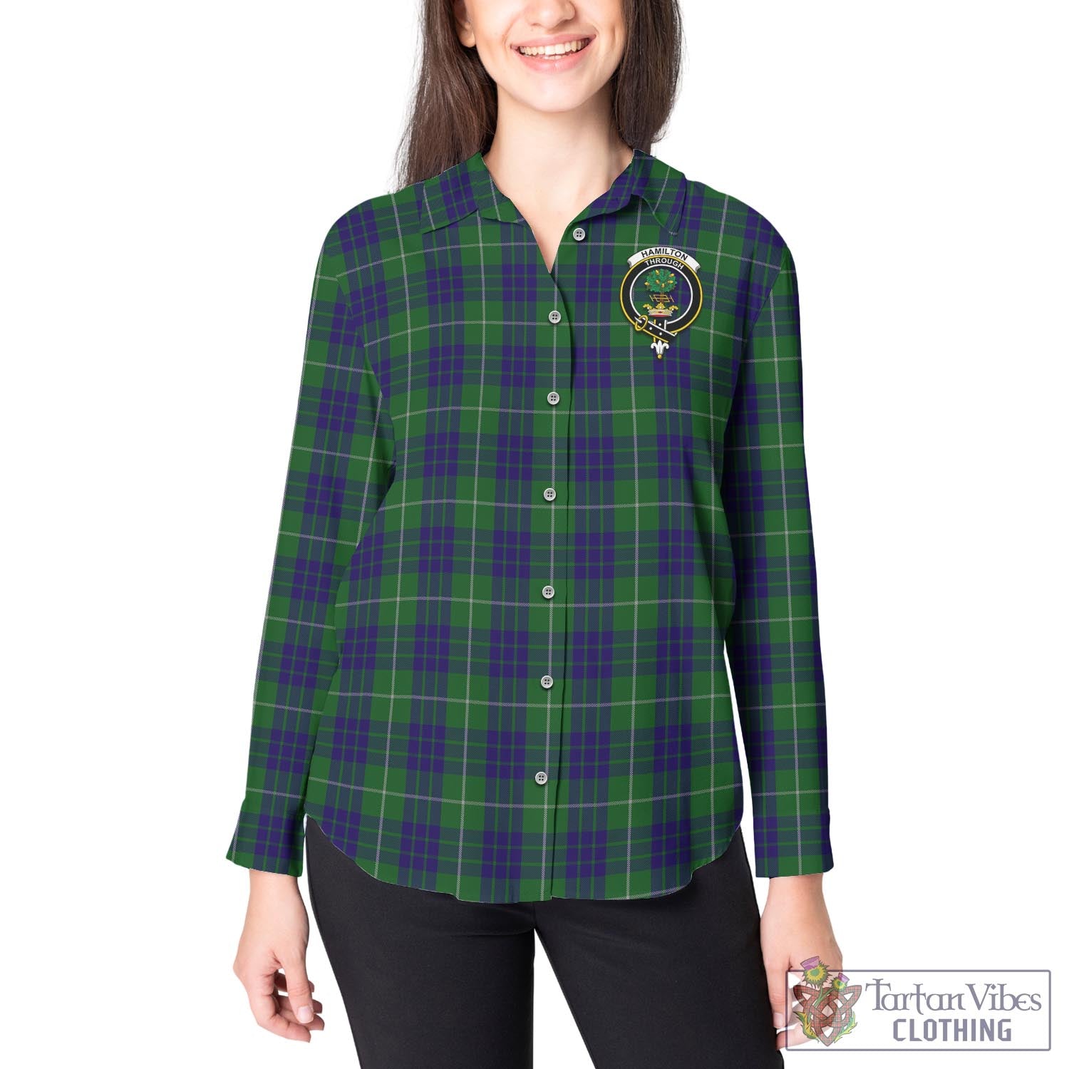 Tartan Vibes Clothing Hamilton Green Hunting Tartan Womens Casual Shirt with Family Crest