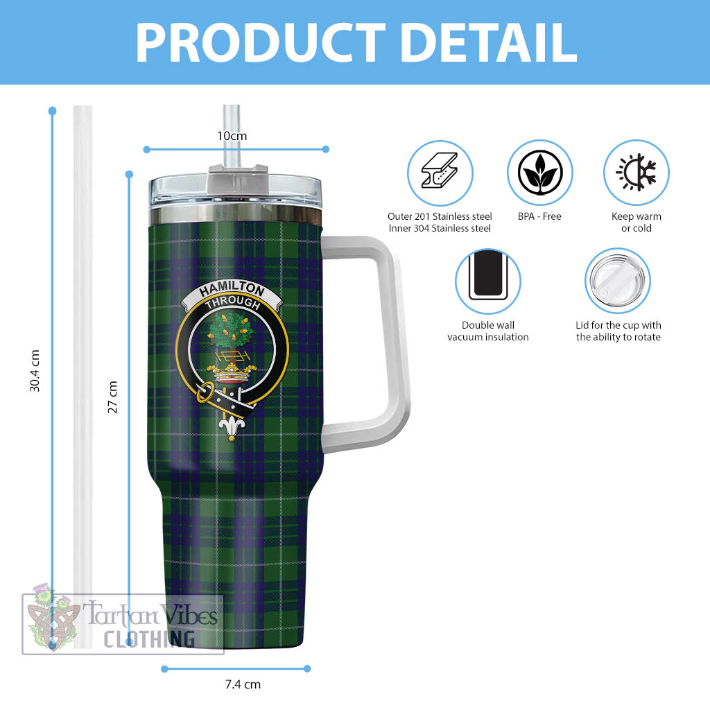 Tartan Vibes Clothing Hamilton Green Hunting Tartan and Family Crest Tumbler with Handle