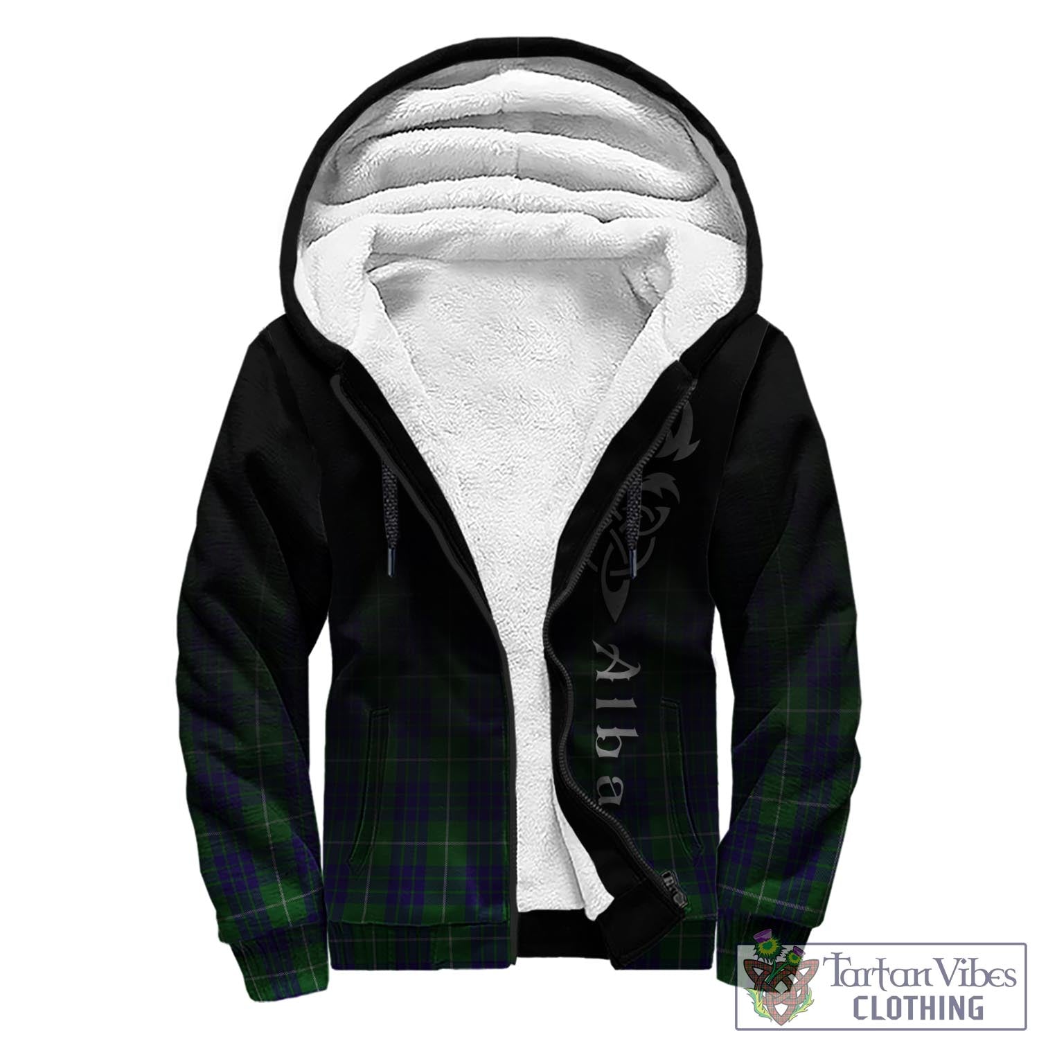 Tartan Vibes Clothing Hamilton Green Hunting Tartan Sherpa Hoodie Featuring Alba Gu Brath Family Crest Celtic Inspired