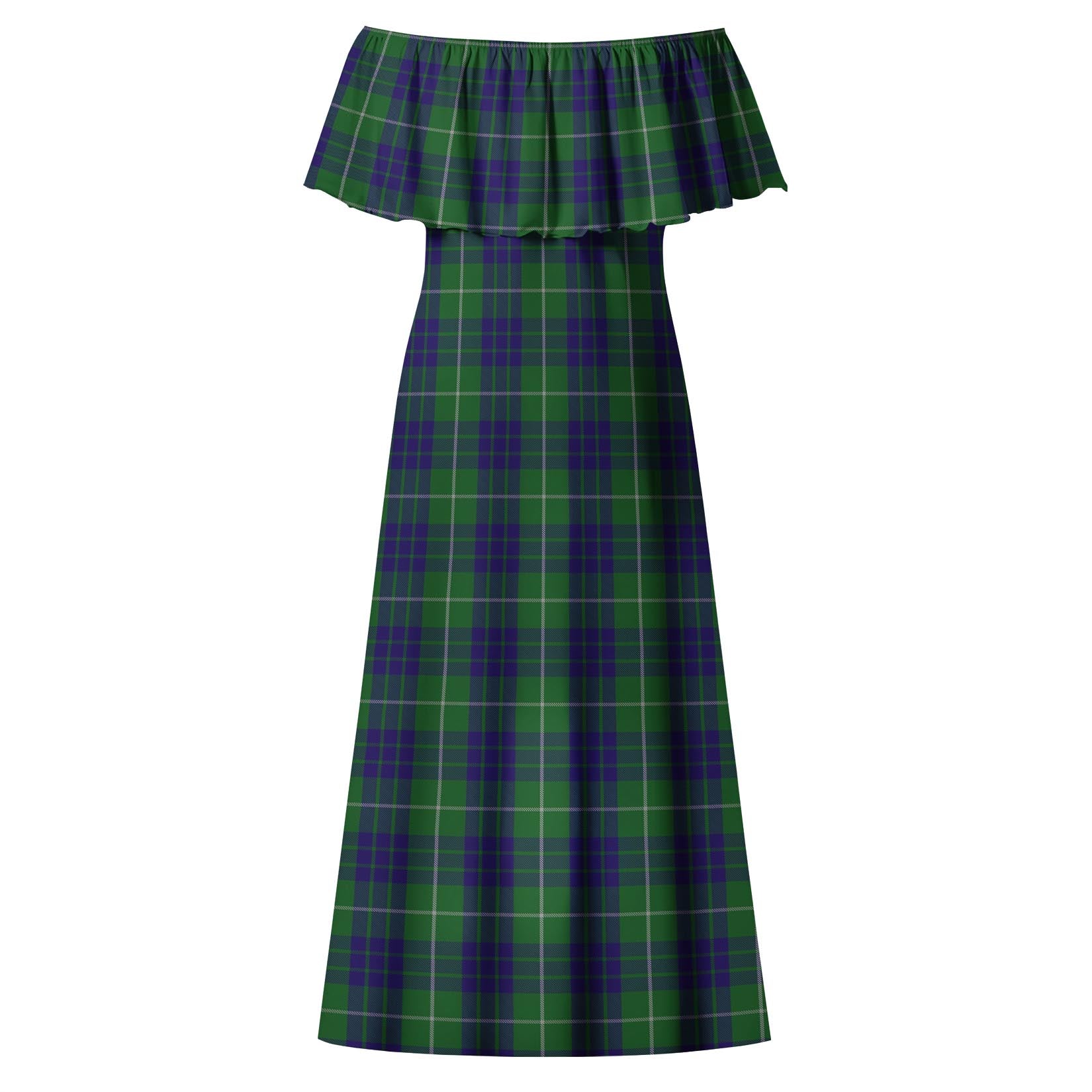 Hamilton Green Hunting Tartan Off Shoulder Long Dress - Tartanvibesclothing