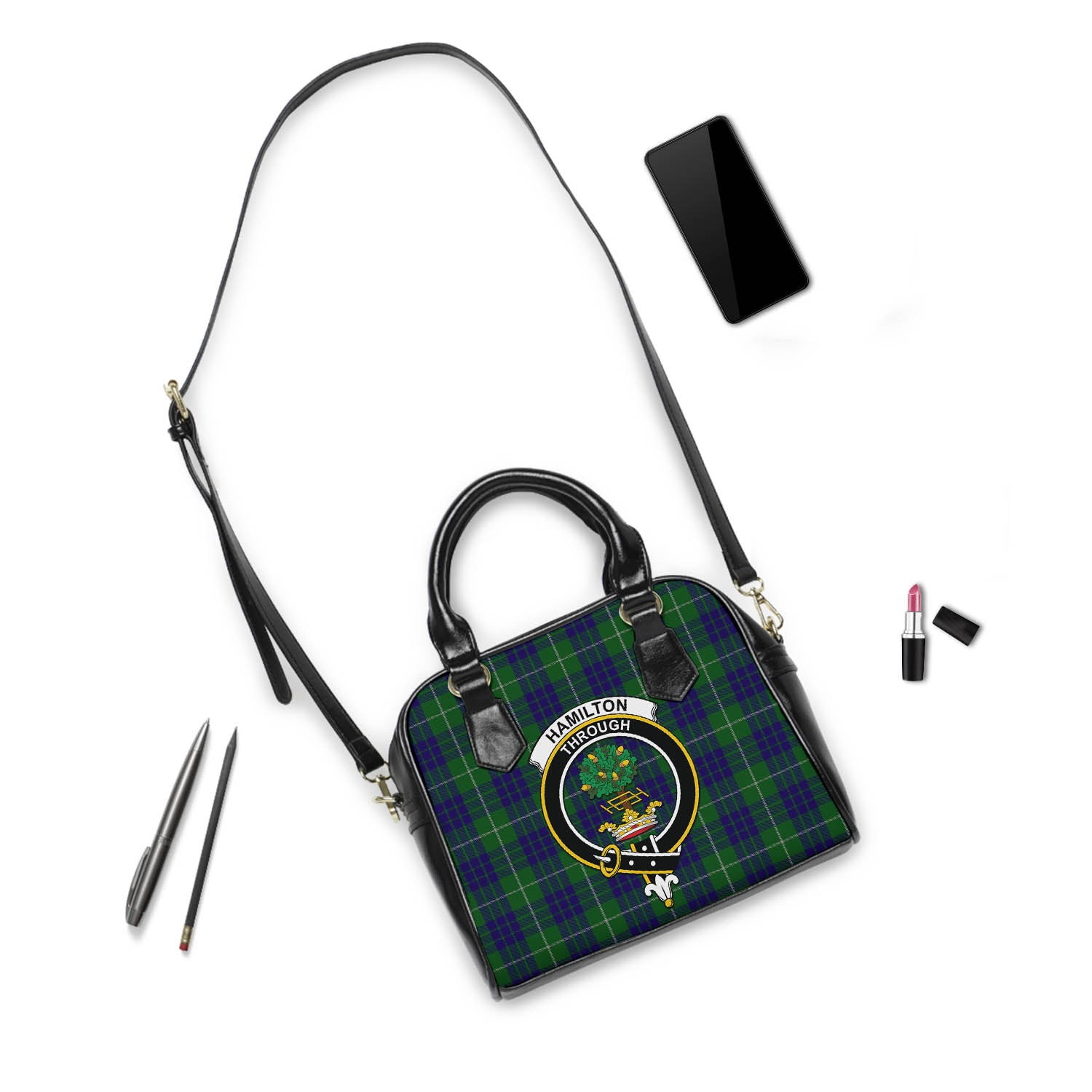 Hamilton Green Hunting Tartan Shoulder Handbags with Family Crest - Tartanvibesclothing