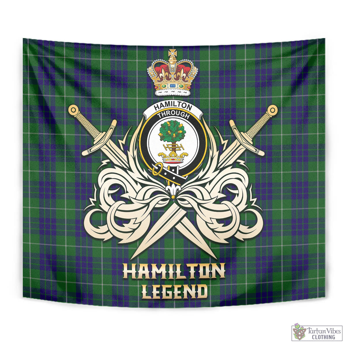 Tartan Vibes Clothing Hamilton Green Hunting Tartan Tapestry with Clan Crest and the Golden Sword of Courageous Legacy