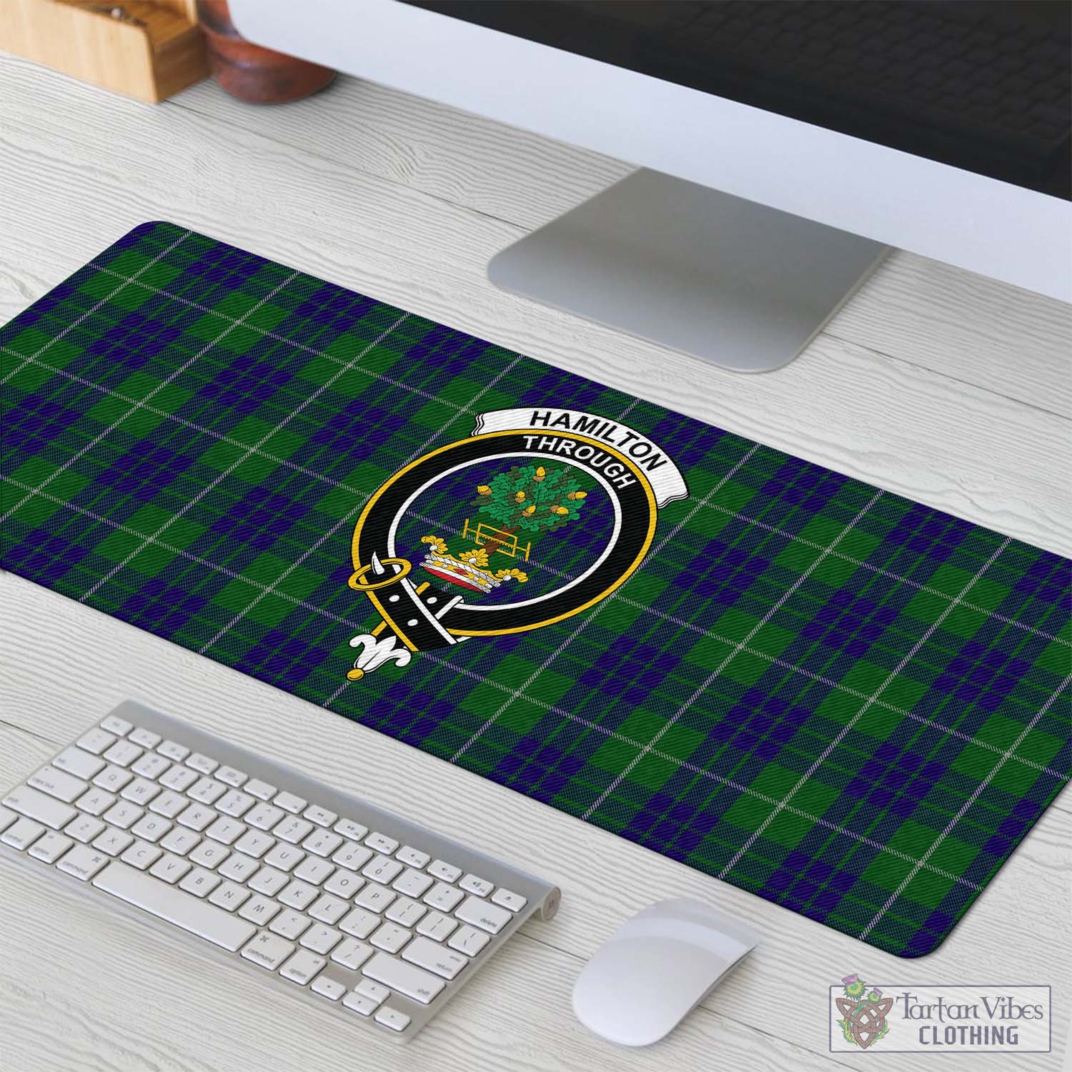 Tartan Vibes Clothing Hamilton Green Hunting Tartan Mouse Pad with Family Crest