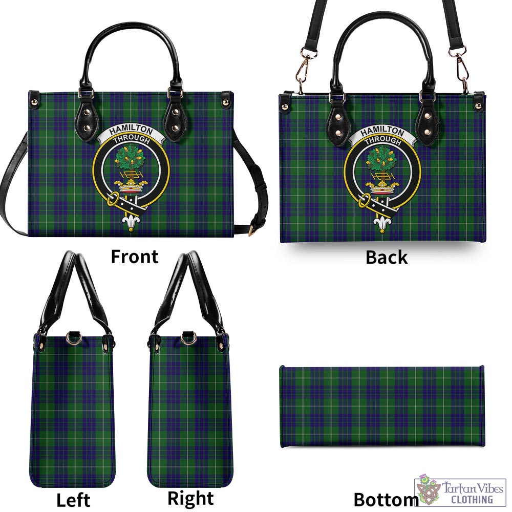 Tartan Vibes Clothing Hamilton Green Hunting Tartan Luxury Leather Handbags with Family Crest