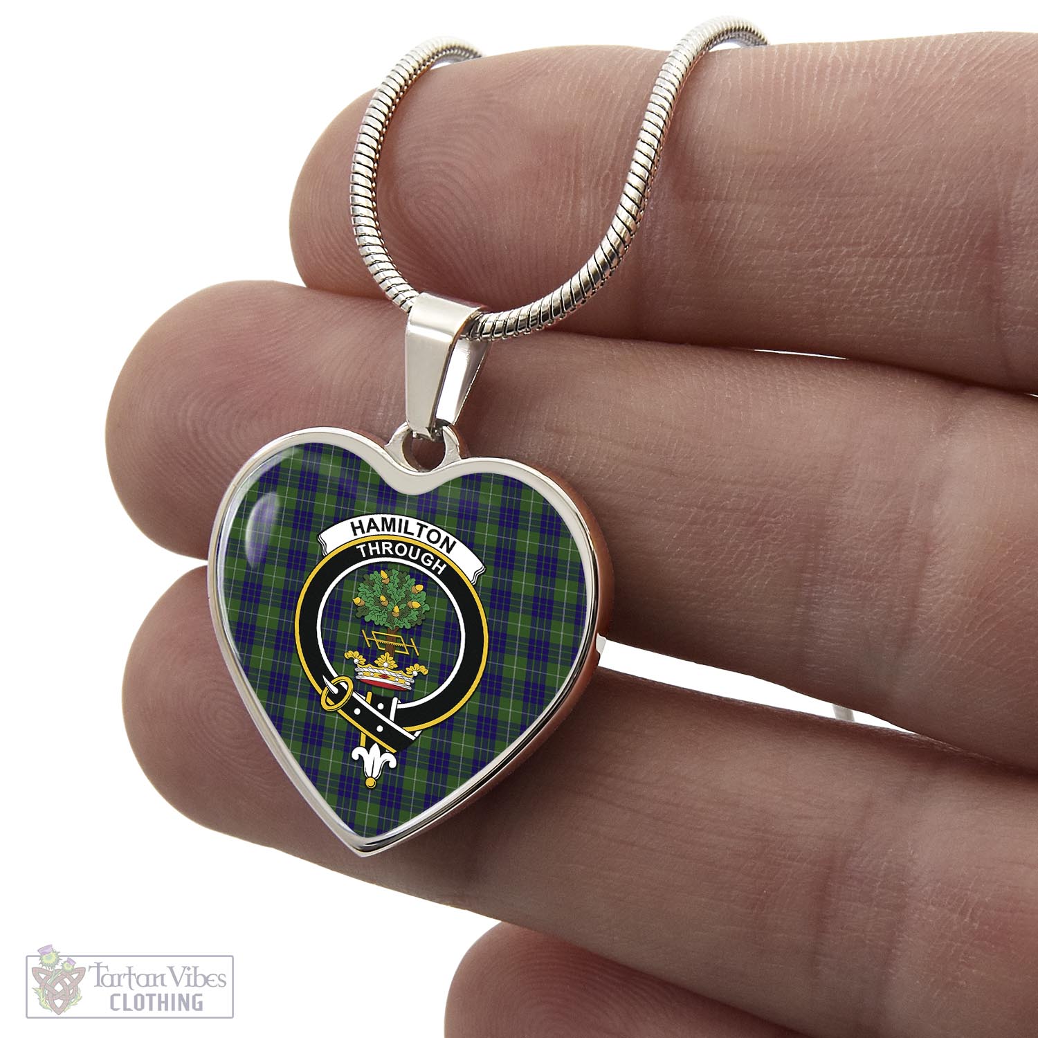 Tartan Vibes Clothing Hamilton Green Hunting Tartan Heart Necklace with Family Crest