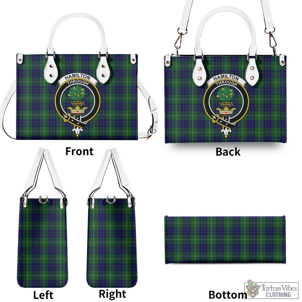 Tartan Vibes Clothing Hamilton Green Hunting Tartan Luxury Leather Handbags with Family Crest