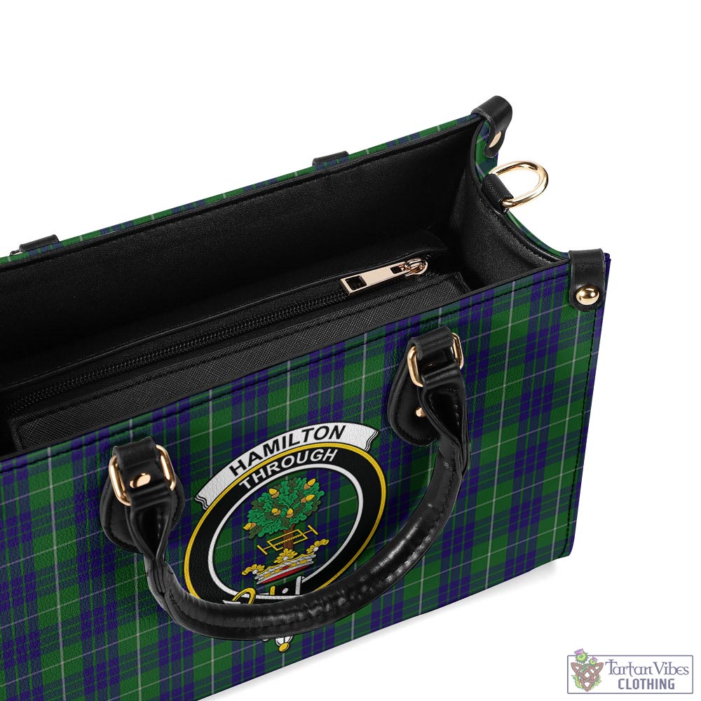 Tartan Vibes Clothing Hamilton Green Hunting Tartan Luxury Leather Handbags with Family Crest