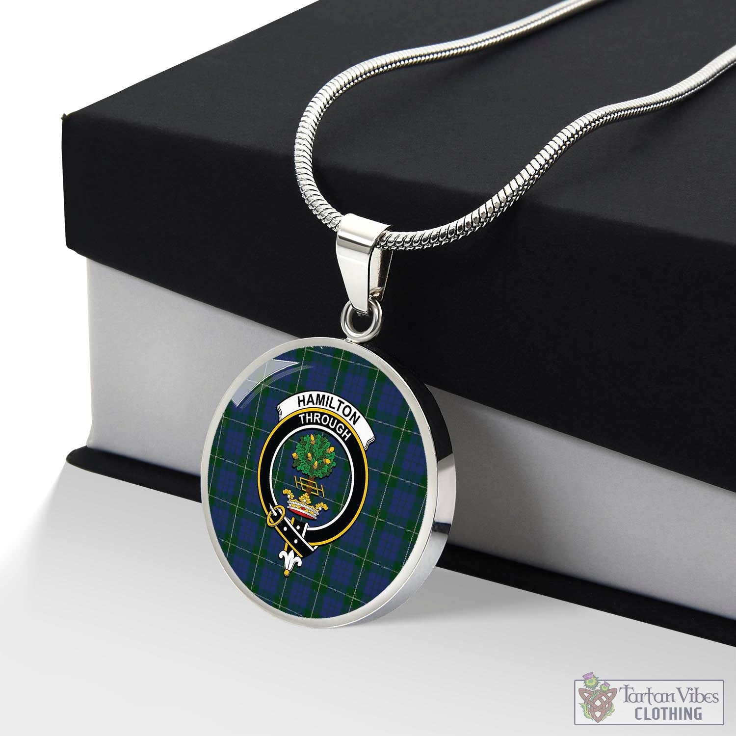 Tartan Vibes Clothing Hamilton Hunting Tartan Circle Necklace with Family Crest