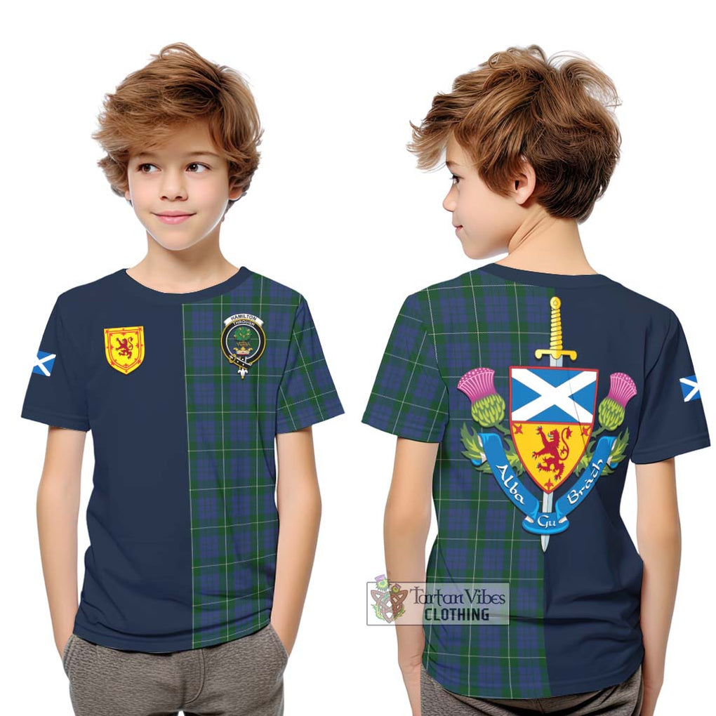 Tartan Vibes Clothing Hamilton Hunting Tartan Kid T-Shirt with Scottish Lion Royal Arm Half Style