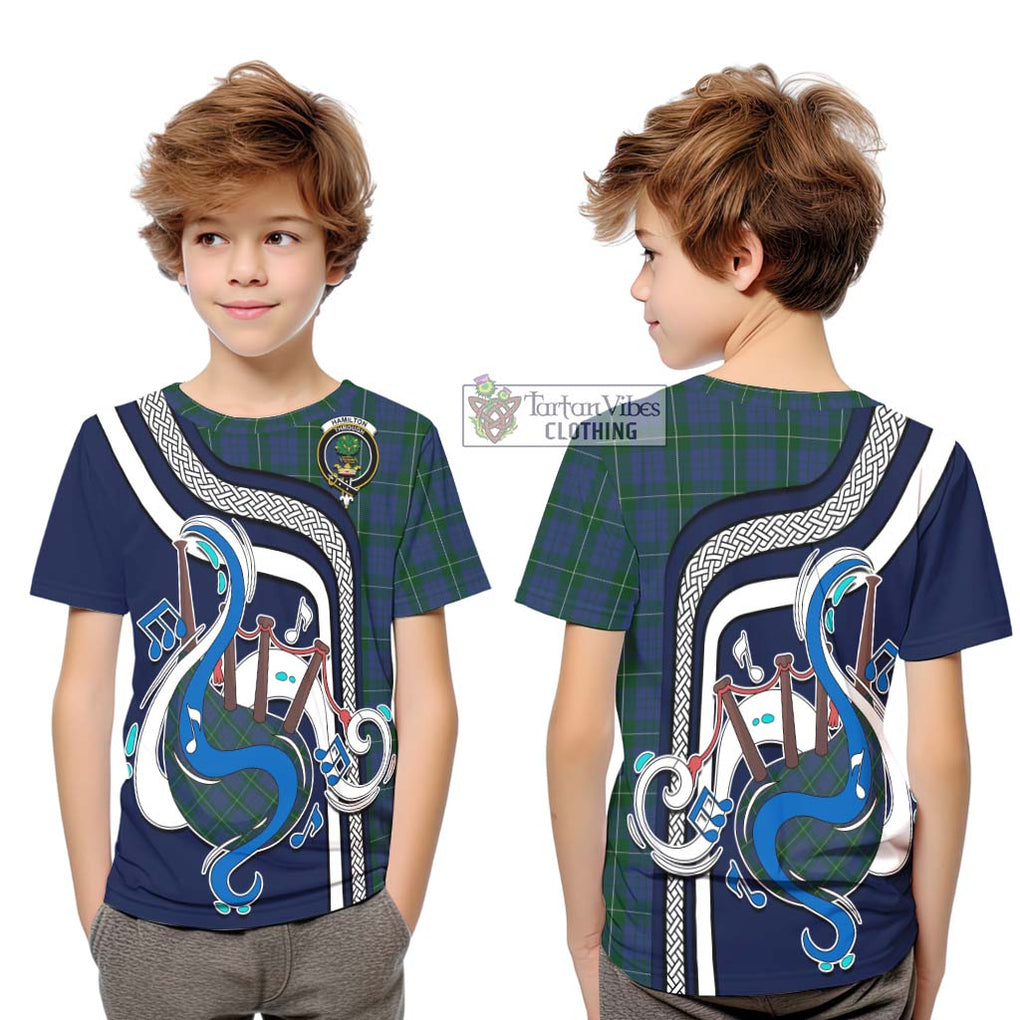 Tartan Vibes Clothing Hamilton Hunting Tartan Kid T-Shirt with Epic Bagpipe Style