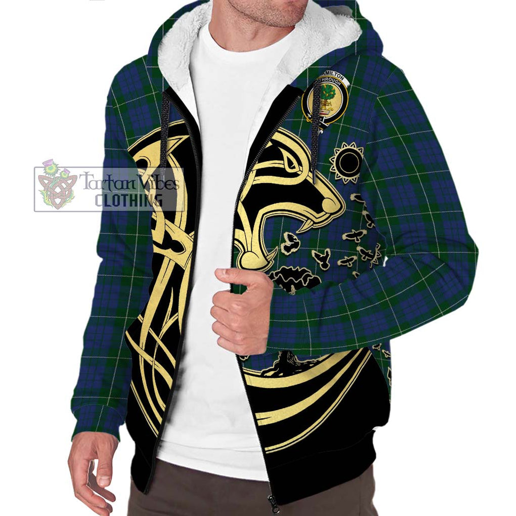 Hamilton Hunting Tartan Sherpa Hoodie with Family Crest Celtic Wolf Style Unisex S - Tartan Vibes Clothing