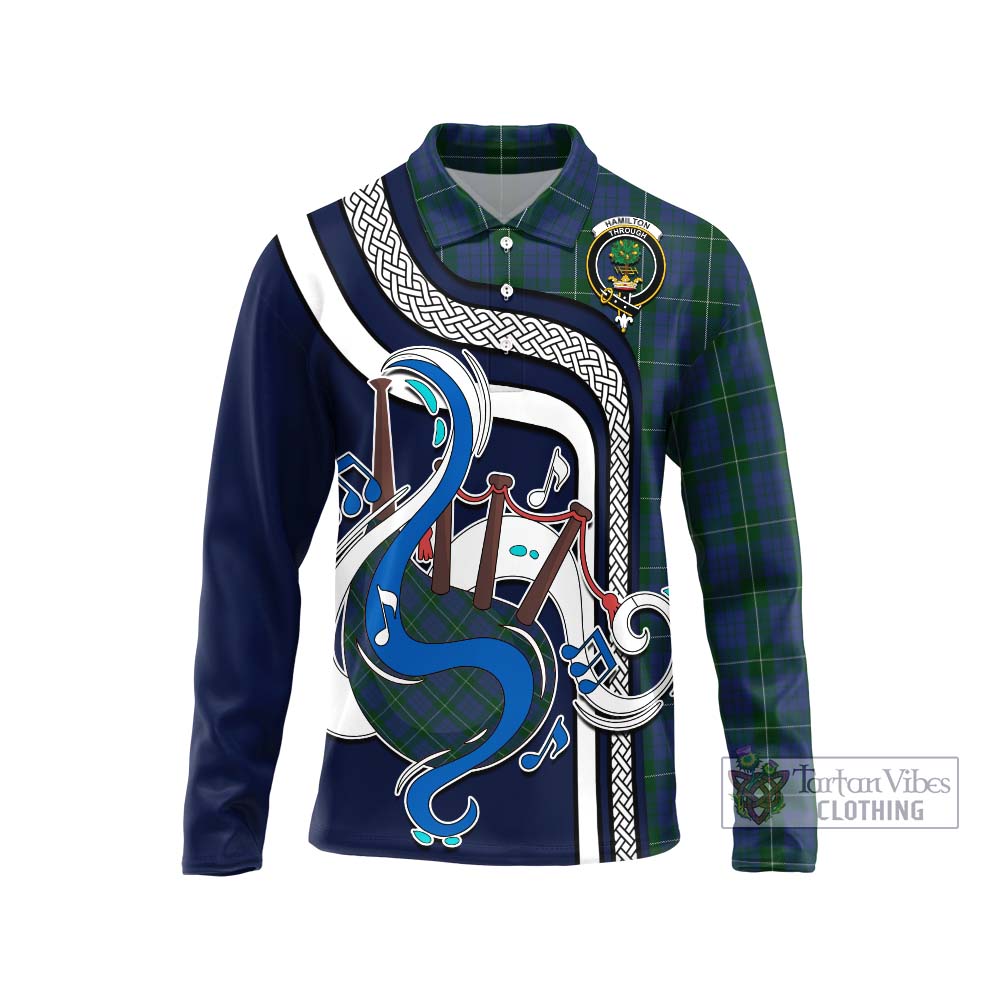 Tartan Vibes Clothing Hamilton Hunting Tartan Long Sleeve Polo Shirt with Epic Bagpipe Style