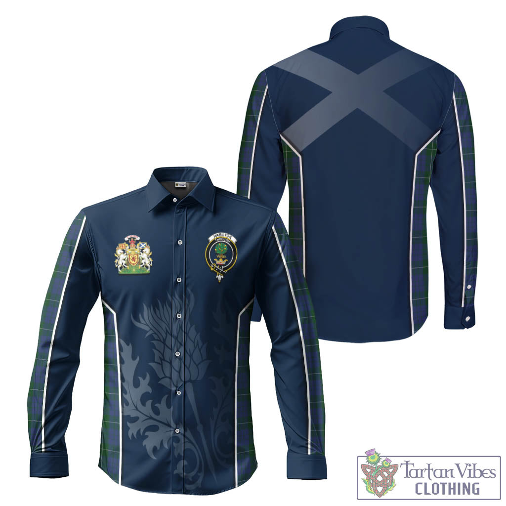 Tartan Vibes Clothing Hamilton Hunting Tartan Long Sleeve Button Up Shirt with Family Crest and Scottish Thistle Vibes Sport Style