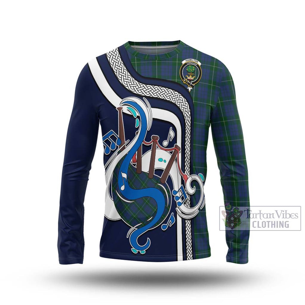 Tartan Vibes Clothing Hamilton Hunting Tartan Long Sleeve T-Shirt with Epic Bagpipe Style