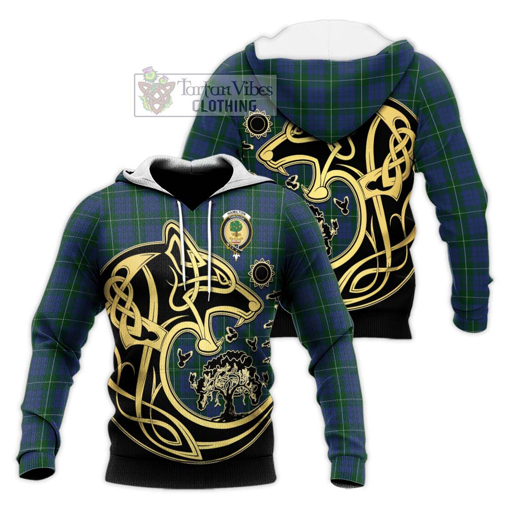 Hamilton Hunting Tartan Knitted Hoodie with Family Crest Celtic Wolf Style Unisex Knitted Pullover Hoodie - Tartan Vibes Clothing