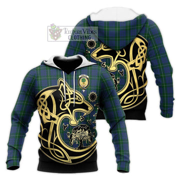 Hamilton Hunting Tartan Knitted Hoodie with Family Crest Celtic Wolf Style