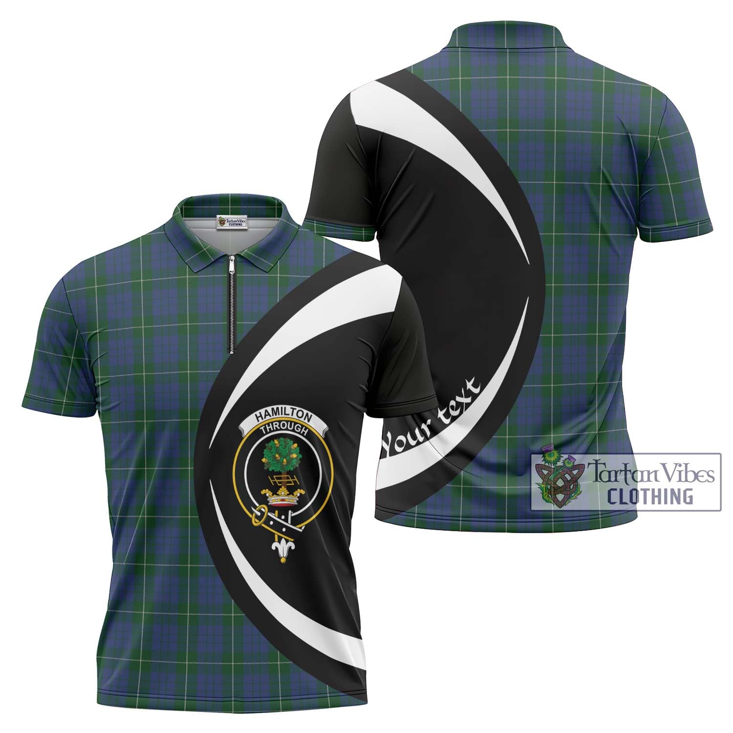 Tartan Vibes Clothing Hamilton Hunting Tartan Zipper Polo Shirt with Family Crest Circle Style