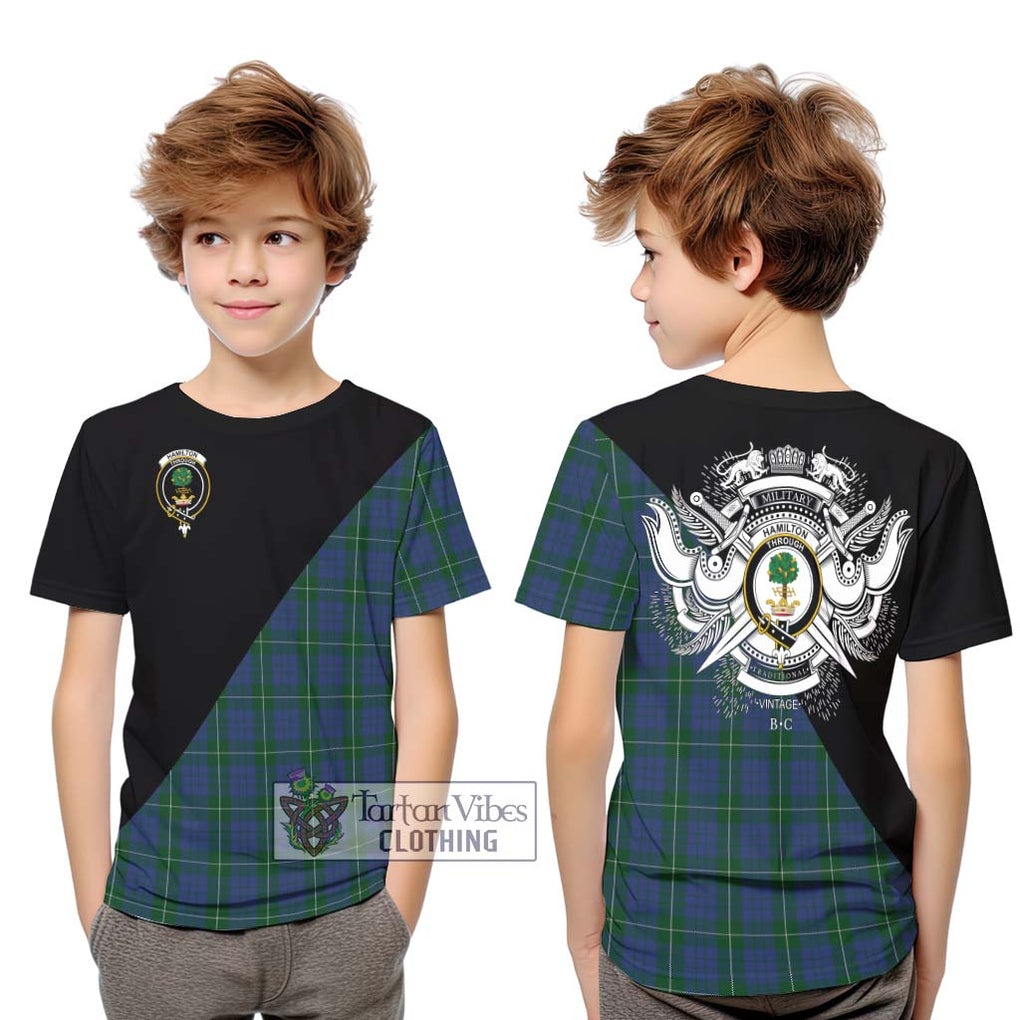 Hamilton Hunting Tartan Kid T-Shirt with Family Crest and Military Logo Style Youth XL Size14 - Tartanvibesclothing Shop