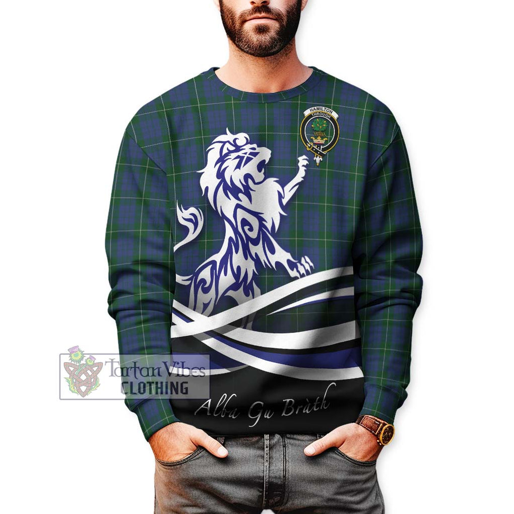 Hamilton Hunting Tartan Sweatshirt with Alba Gu Brath Regal Lion Emblem Unisex - Tartanvibesclothing Shop