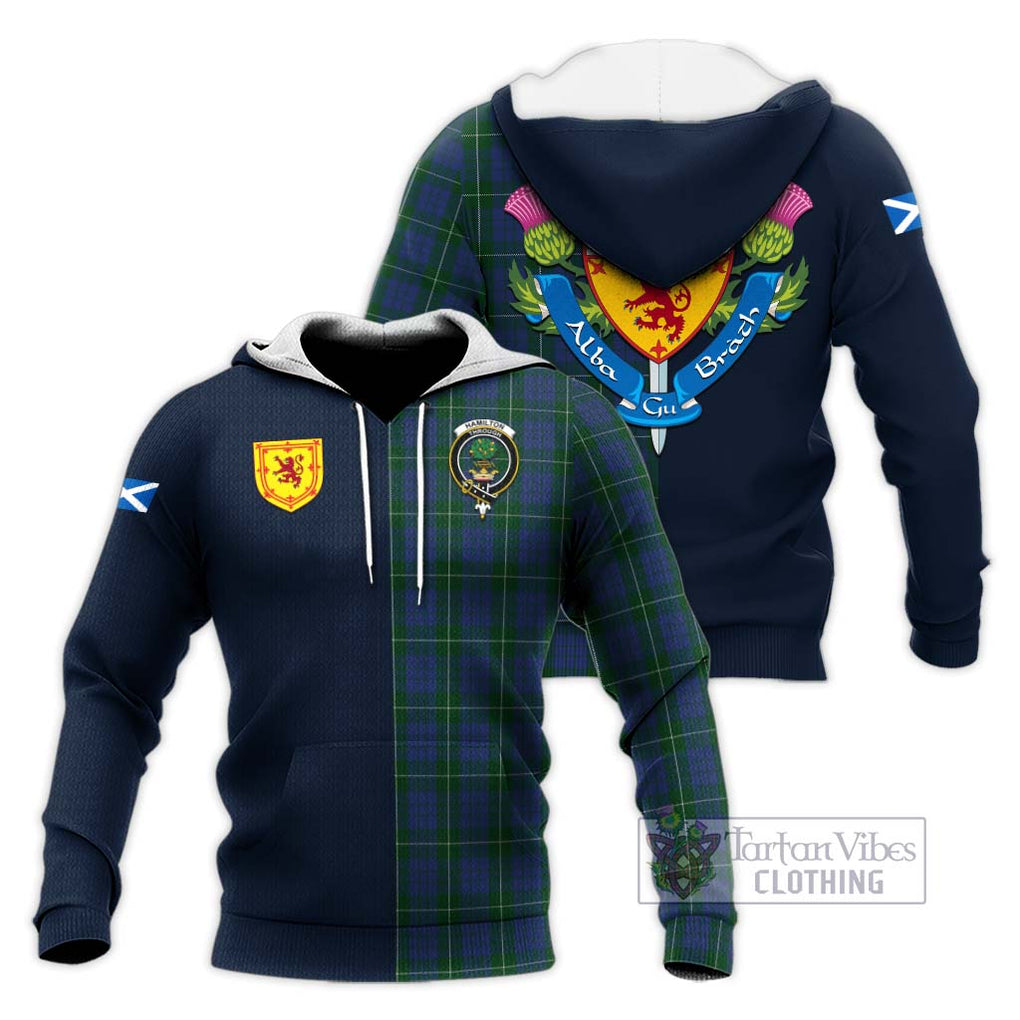 Tartan Vibes Clothing Hamilton Hunting Tartan Knitted Hoodie with Scottish Lion Royal Arm Half Style