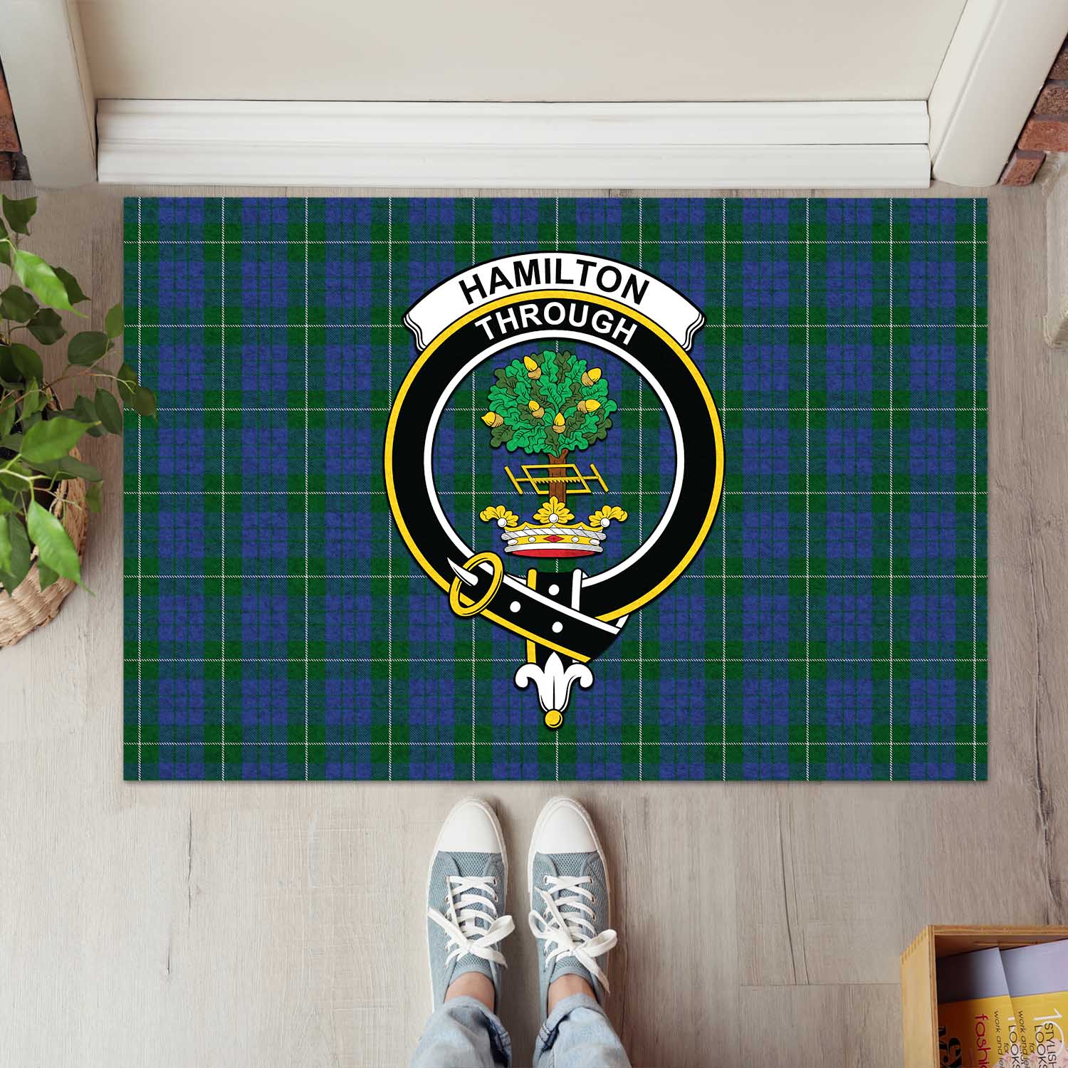 Hamilton Hunting Tartan Door Mat with Family Crest - Tartanvibesclothing