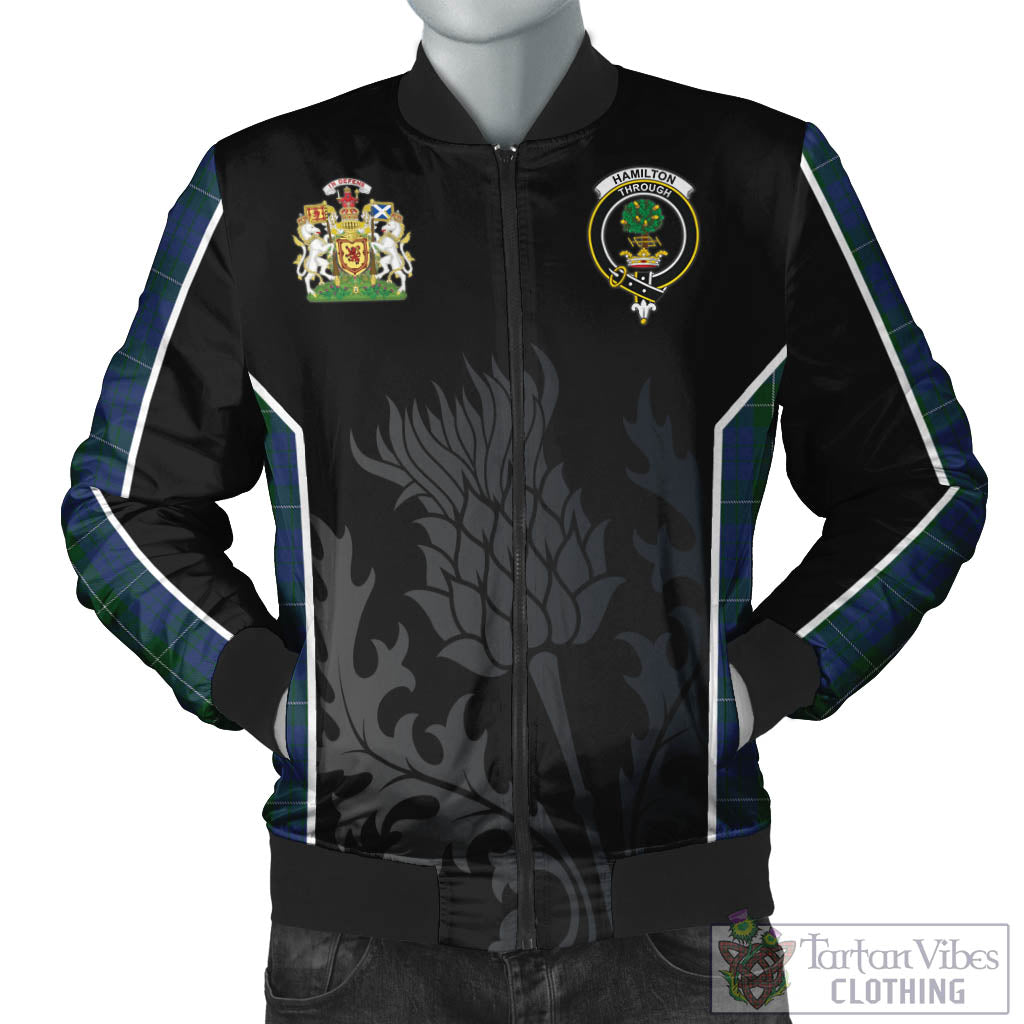 Tartan Vibes Clothing Hamilton Hunting Tartan Bomber Jacket with Family Crest and Scottish Thistle Vibes Sport Style