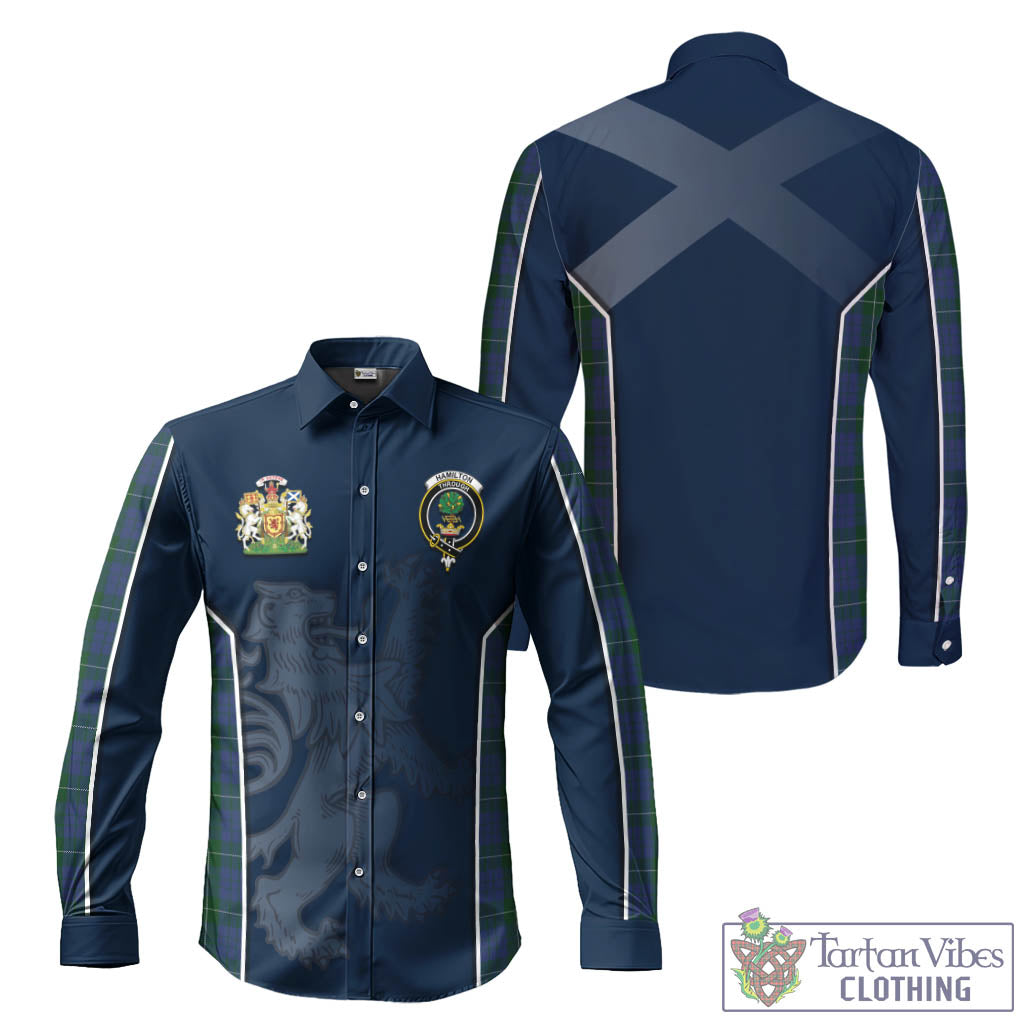 Tartan Vibes Clothing Hamilton Hunting Tartan Long Sleeve Button Up Shirt with Family Crest and Lion Rampant Vibes Sport Style