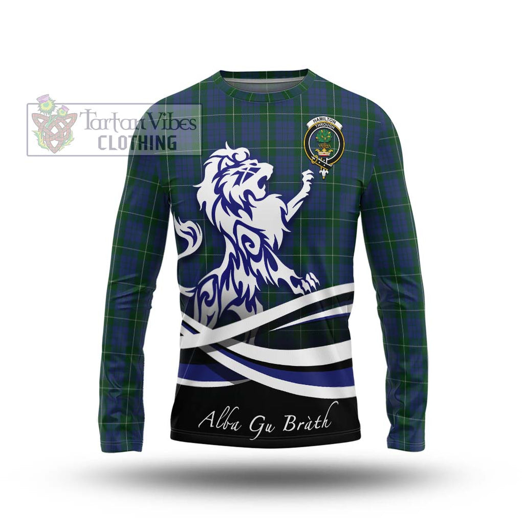 Hamilton Hunting Tartan Long Sleeve T-Shirt with Alba Gu Brath Regal Lion Emblem Unisex - Tartanvibesclothing Shop