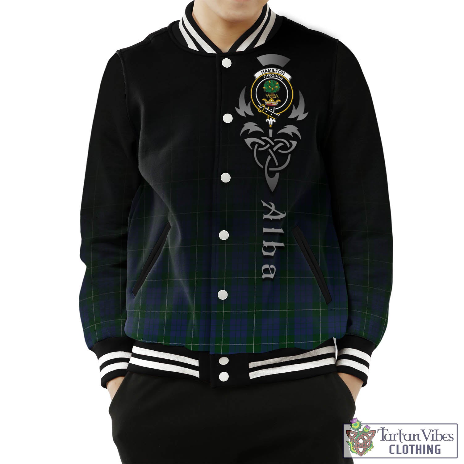 Tartan Vibes Clothing Hamilton Hunting Tartan Baseball Jacket Featuring Alba Gu Brath Family Crest Celtic Inspired