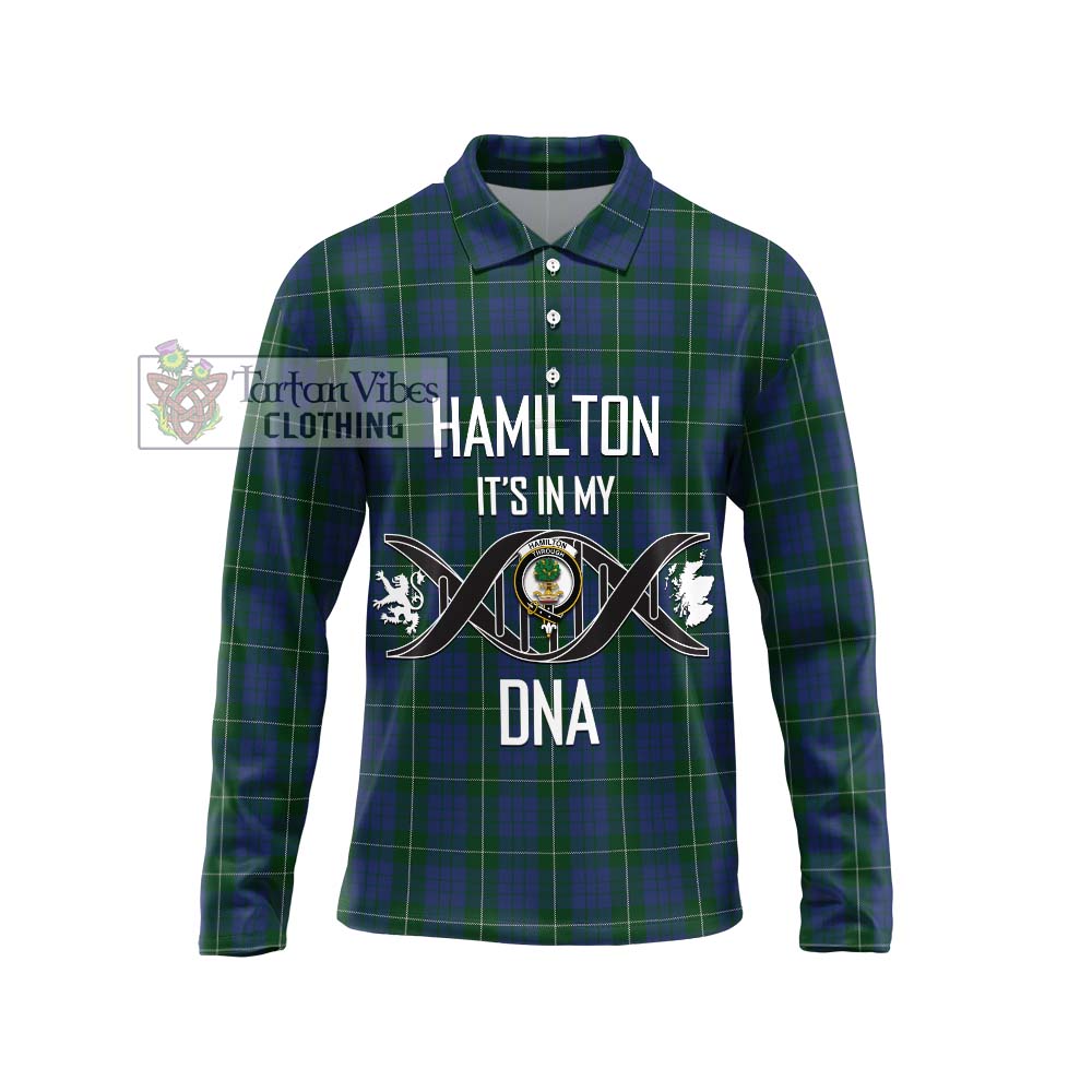 Hamilton Hunting Tartan Long Sleeve Polo Shirt with Family Crest DNA In Me Style Unisex - Tartanvibesclothing Shop