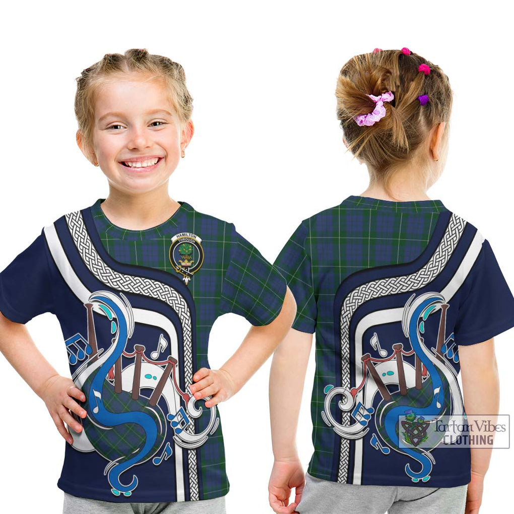 Tartan Vibes Clothing Hamilton Hunting Tartan Kid T-Shirt with Epic Bagpipe Style