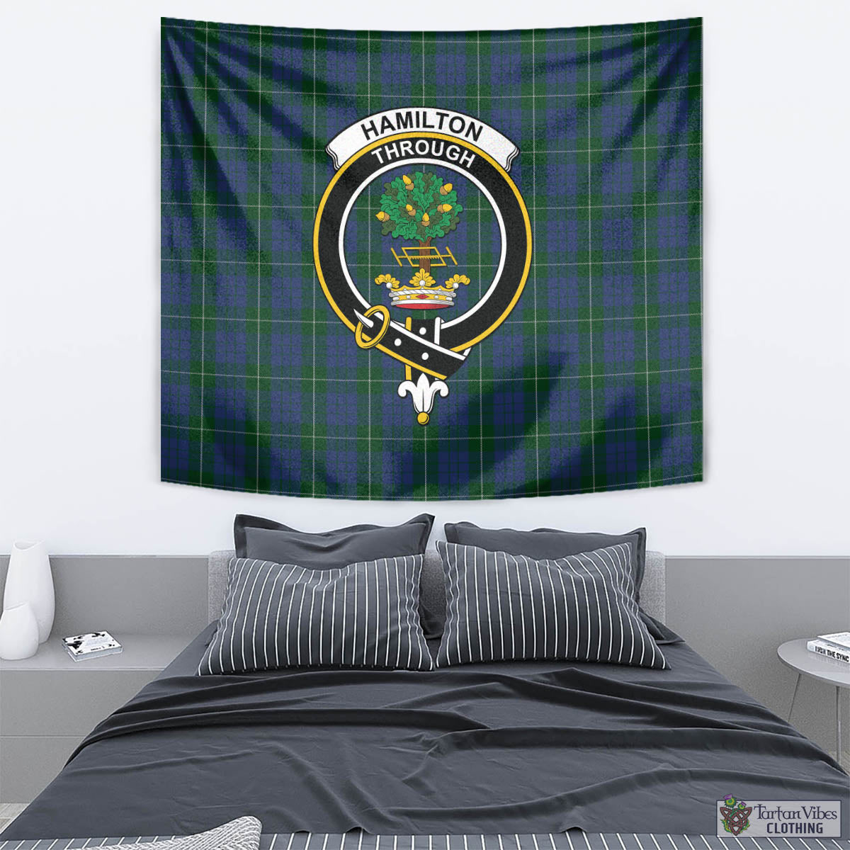 Tartan Vibes Clothing Hamilton Hunting Tartan Tapestry Wall Hanging and Home Decor for Room with Family Crest