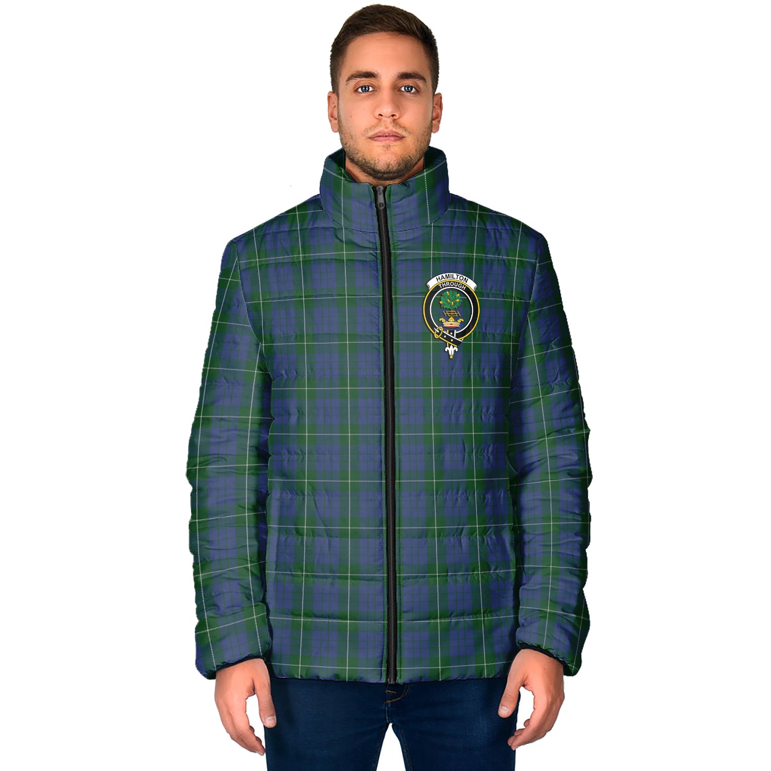 Hamilton Hunting Tartan Padded Jacket with Family Crest - Tartan Vibes Clothing