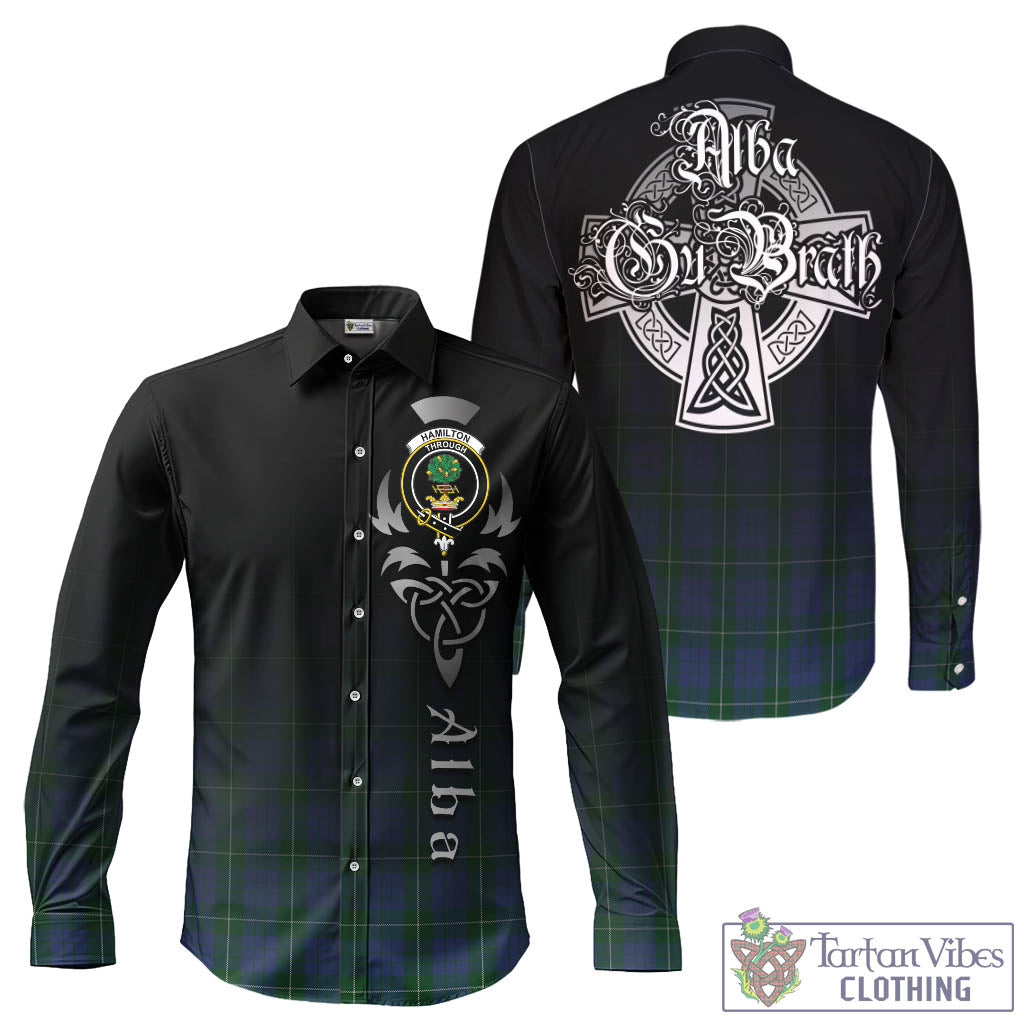 Tartan Vibes Clothing Hamilton Hunting Tartan Long Sleeve Button Up Featuring Alba Gu Brath Family Crest Celtic Inspired