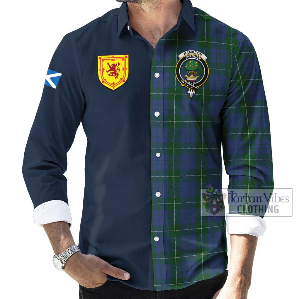 Tartan Vibes Clothing Hamilton Hunting Tartan Long Sleeve Button Shirt with Scottish Lion Royal Arm Half Style