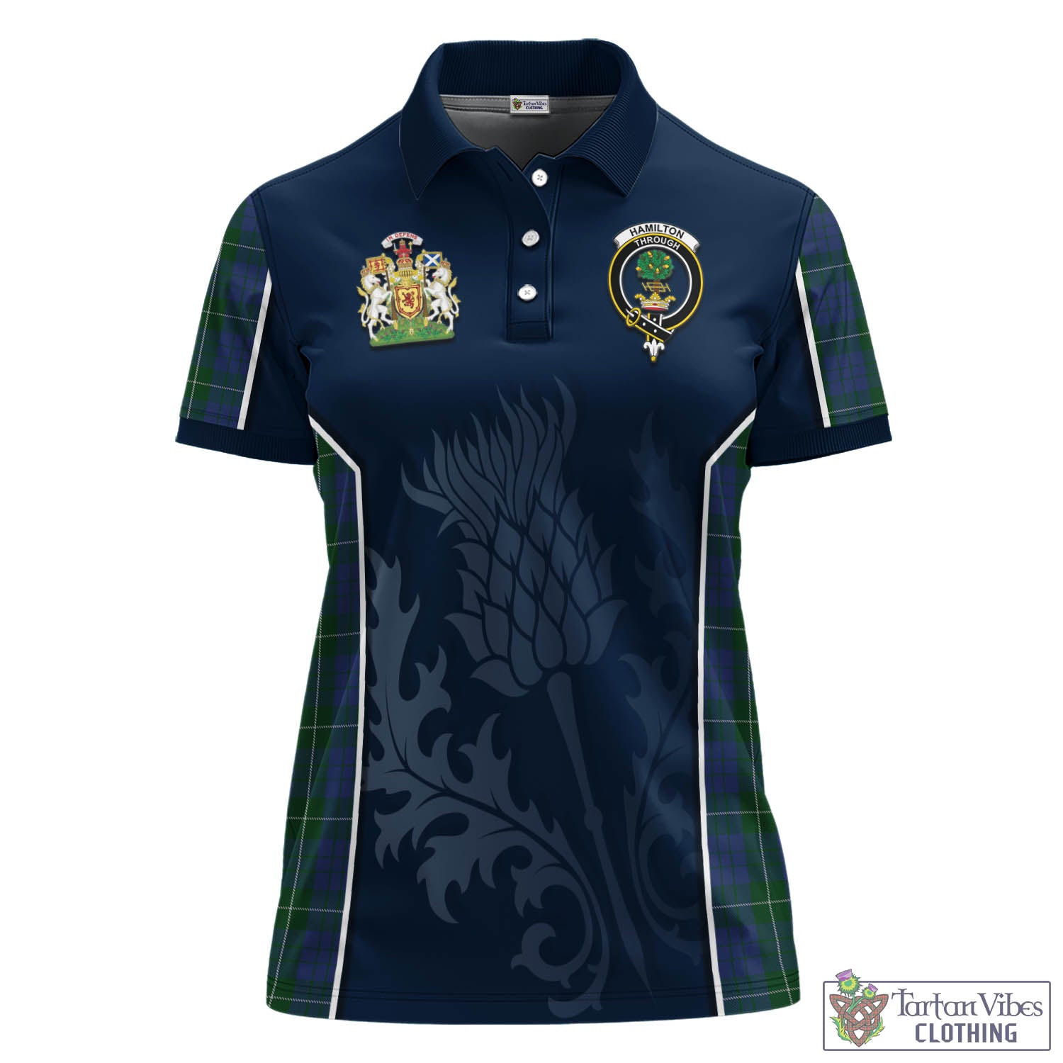 Tartan Vibes Clothing Hamilton Hunting Tartan Women's Polo Shirt with Family Crest and Scottish Thistle Vibes Sport Style