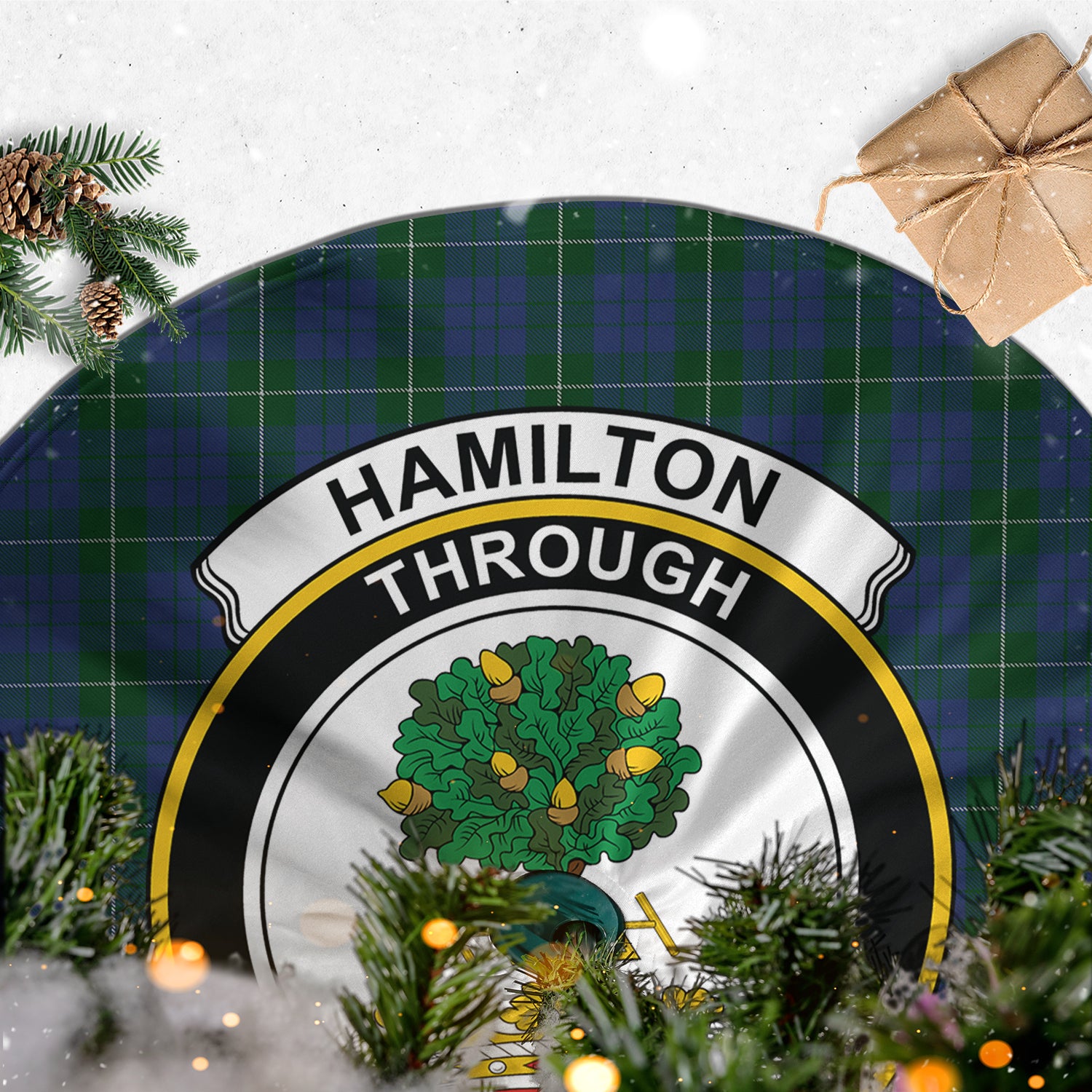 Hamilton Hunting Tartan Christmas Tree Skirt with Family Crest - Tartanvibesclothing