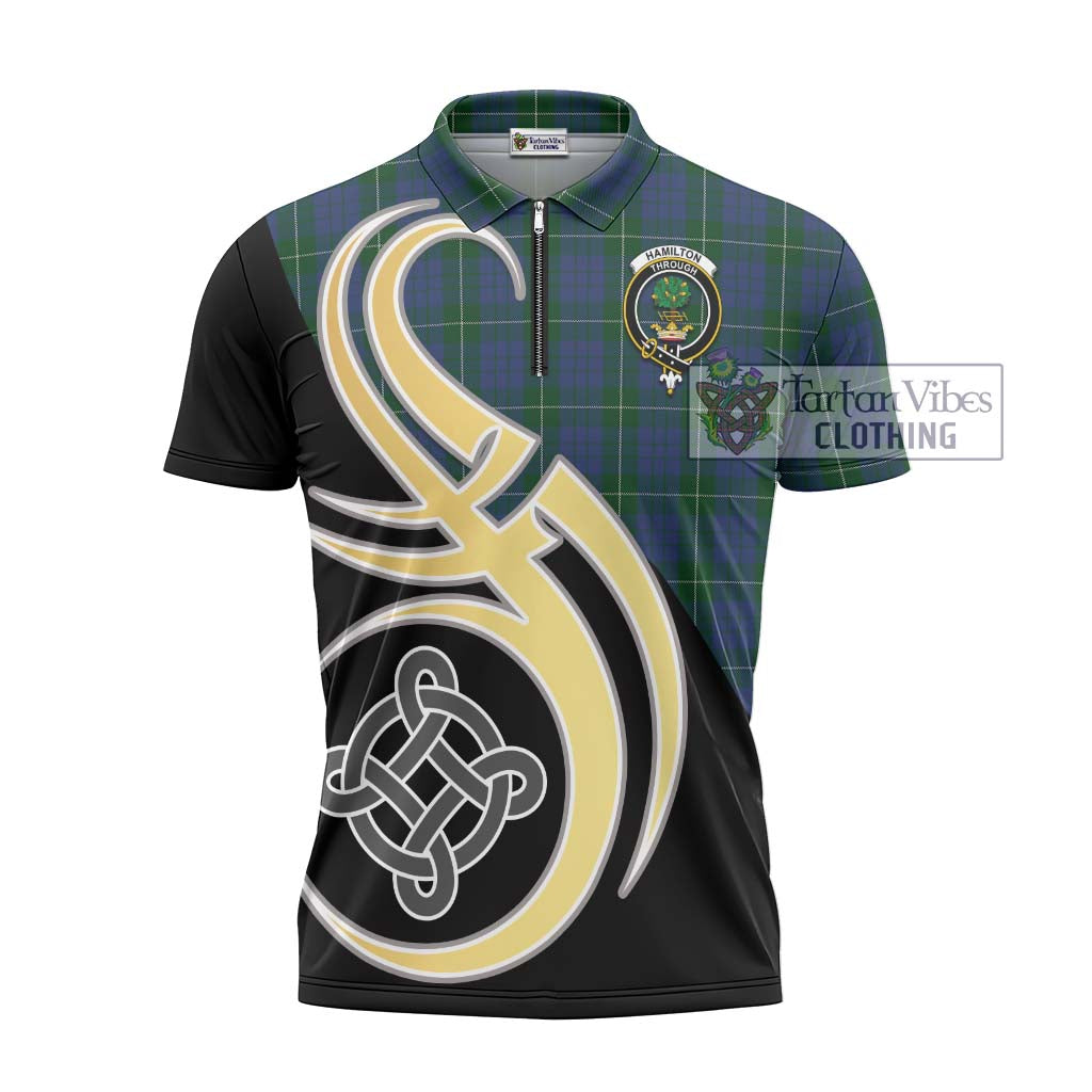 Tartan Vibes Clothing Hamilton Hunting Tartan Zipper Polo Shirt with Family Crest and Celtic Symbol Style