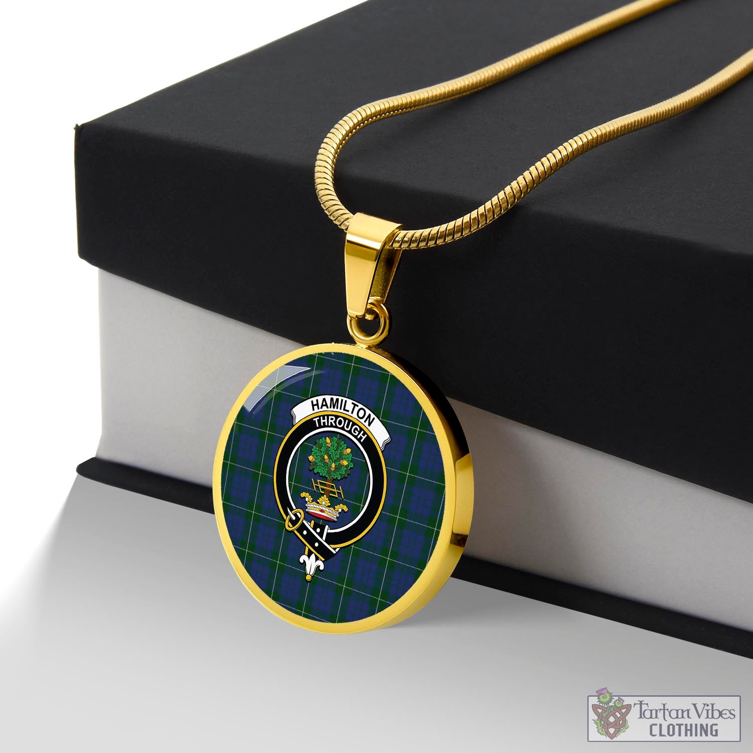 Tartan Vibes Clothing Hamilton Hunting Tartan Circle Necklace with Family Crest