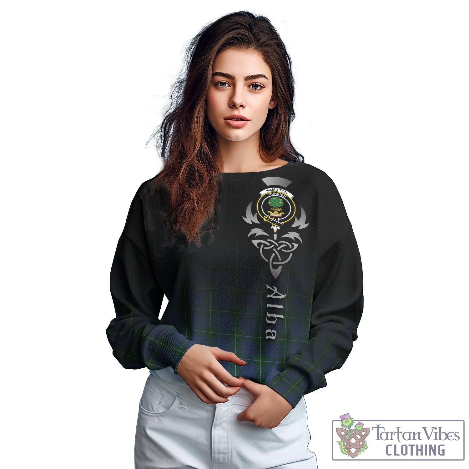 Tartan Vibes Clothing Hamilton Hunting Tartan Sweatshirt Featuring Alba Gu Brath Family Crest Celtic Inspired