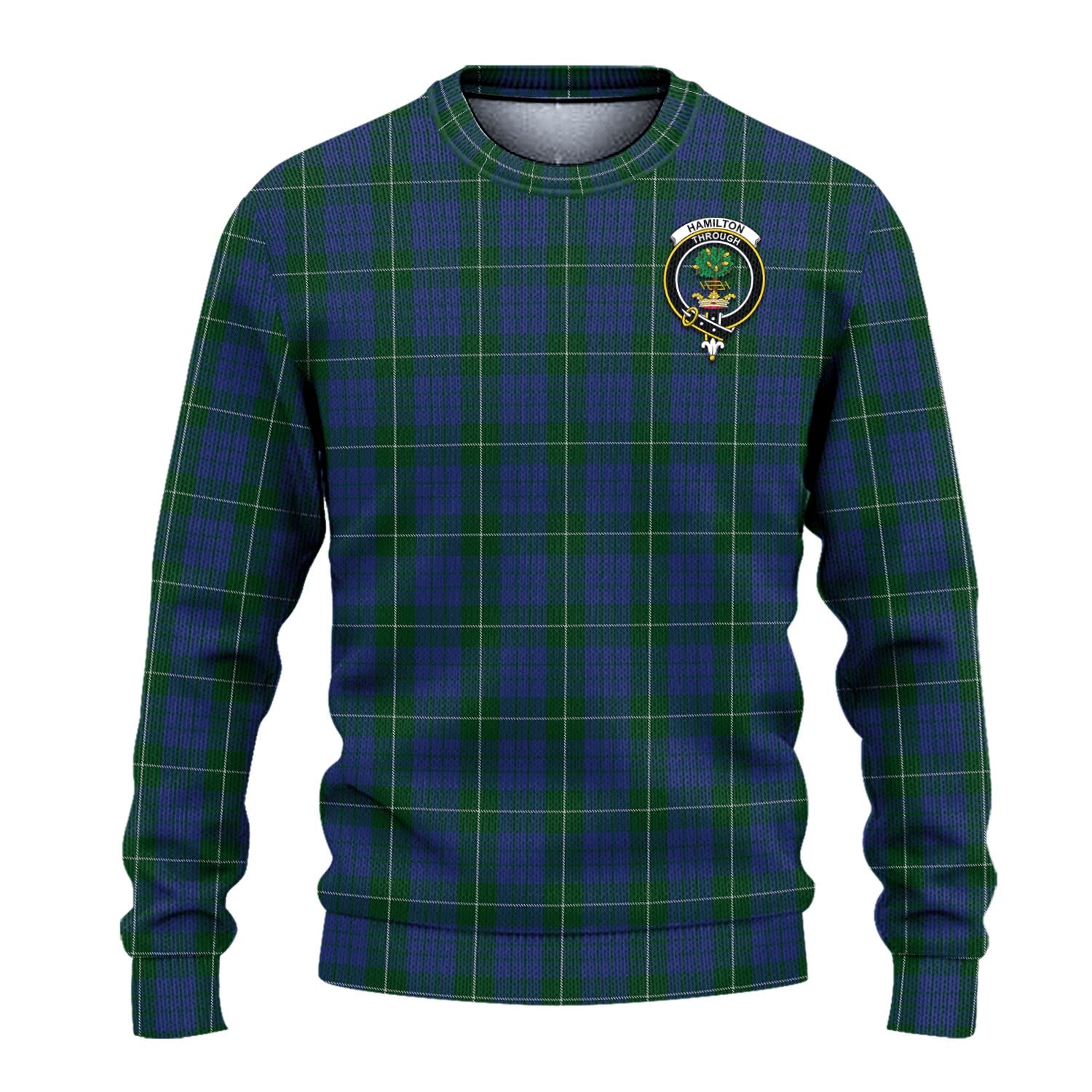 Hamilton Hunting Tartan Knitted Sweater with Family Crest - Tartanvibesclothing