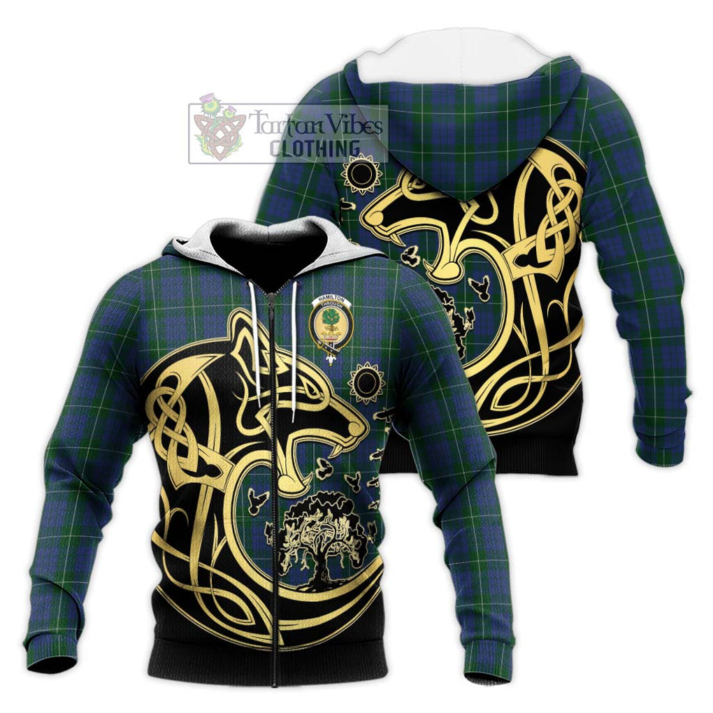 Hamilton Hunting Tartan Knitted Hoodie with Family Crest Celtic Wolf Style Unisex Knitted Zip Hoodie - Tartan Vibes Clothing