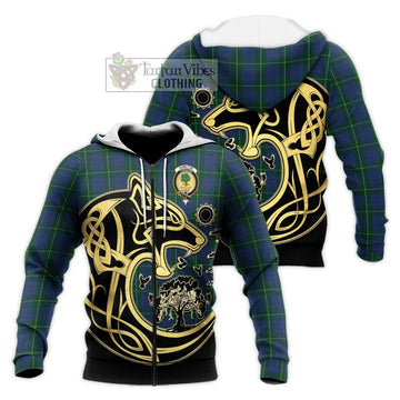 Hamilton Hunting Tartan Knitted Hoodie with Family Crest Celtic Wolf Style