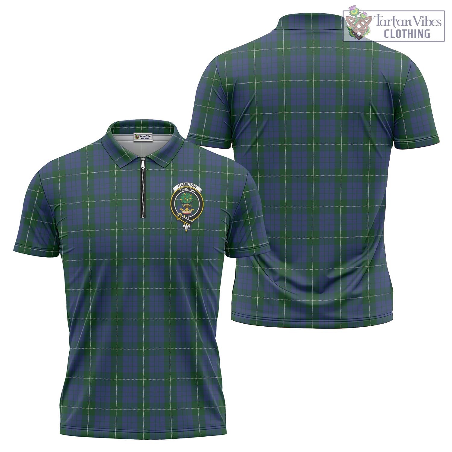 Tartan Vibes Clothing Hamilton Hunting Tartan Zipper Polo Shirt with Family Crest