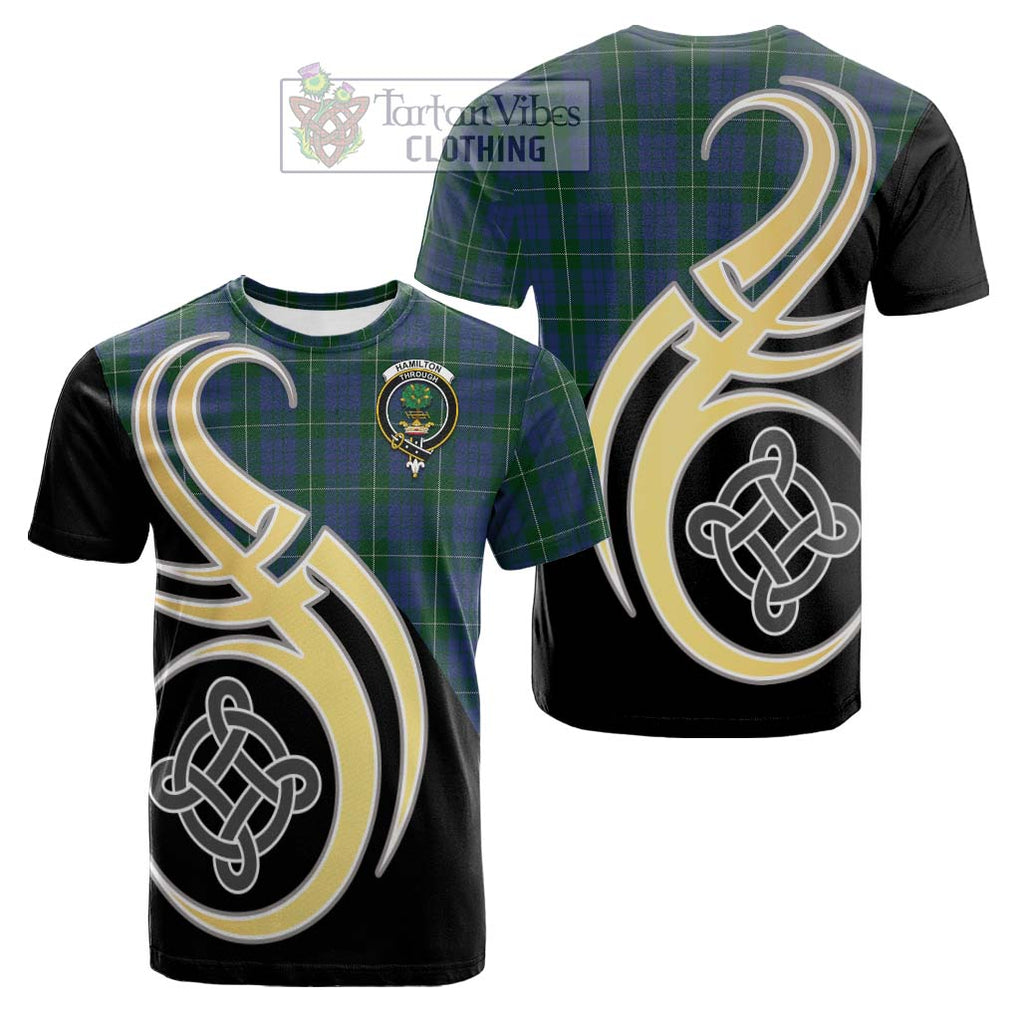 Tartan Vibes Clothing Hamilton Hunting Tartan Cotton T-shirt with Family Crest and Celtic Symbol Style