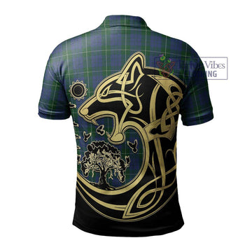 Hamilton Hunting Tartan Polo Shirt with Family Crest Celtic Wolf Style