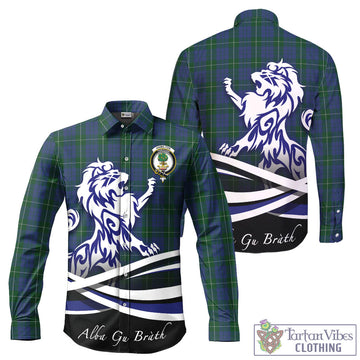 Hamilton Hunting Tartan Long Sleeve Button Up Shirt with Alba Gu Brath Regal Lion Emblem